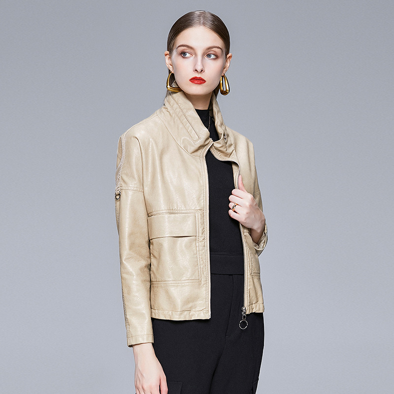 Korean Style Leather Jacket Women PU Coat Leather Khaki - Shop at LoveMi