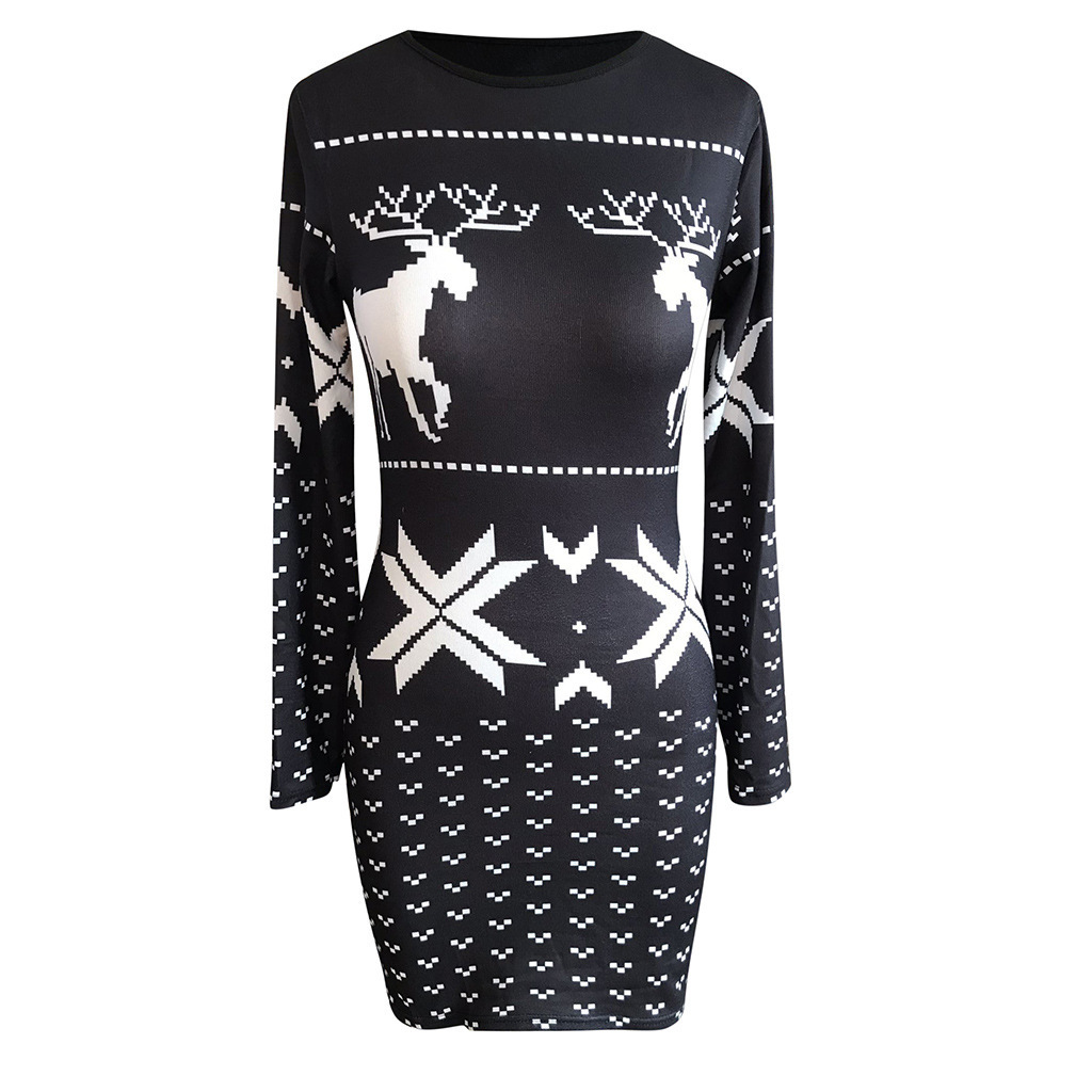 Christmas digital printing tight-fitting hip dress, long-sleeved thin T-shirt and skirt