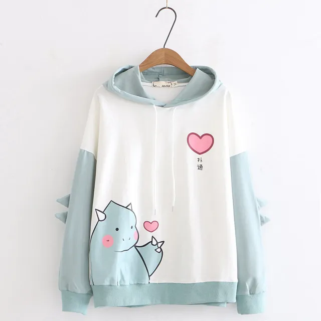 Bixin dinosaur print color block long sleeve sweater Blue Green - Shop at LoveMi