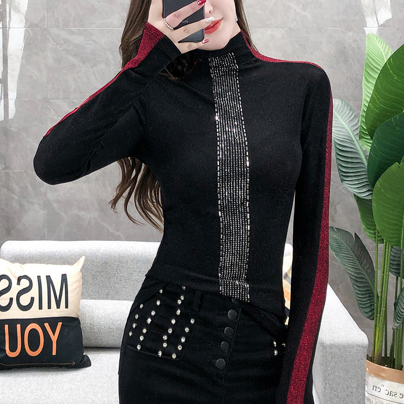 Color Block Long Sleeve High Neck Hot Drill T-shirt