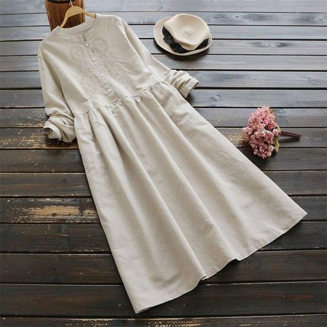Autumn Embroidery Long Shirt Dress Vintage Casual