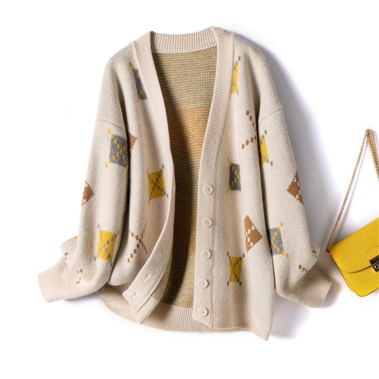 Vintage diamond cardigan knitted jacket