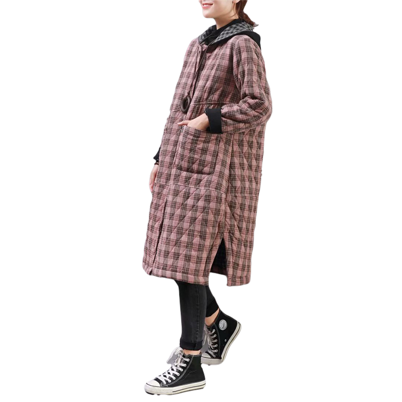 Hooded diamond mid-length plaid retro loose blouse
