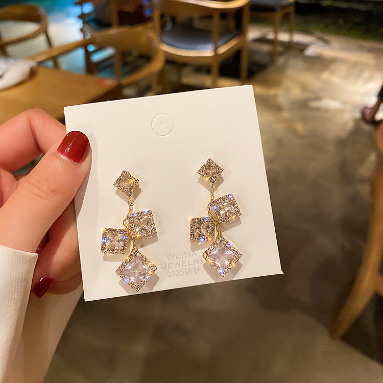 Square rhinestone earrings earrings cold temperament