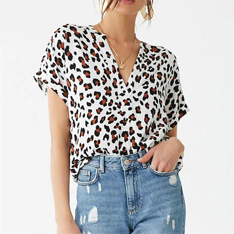 Leopard print short sleeve V-neck chiffon T-shirt