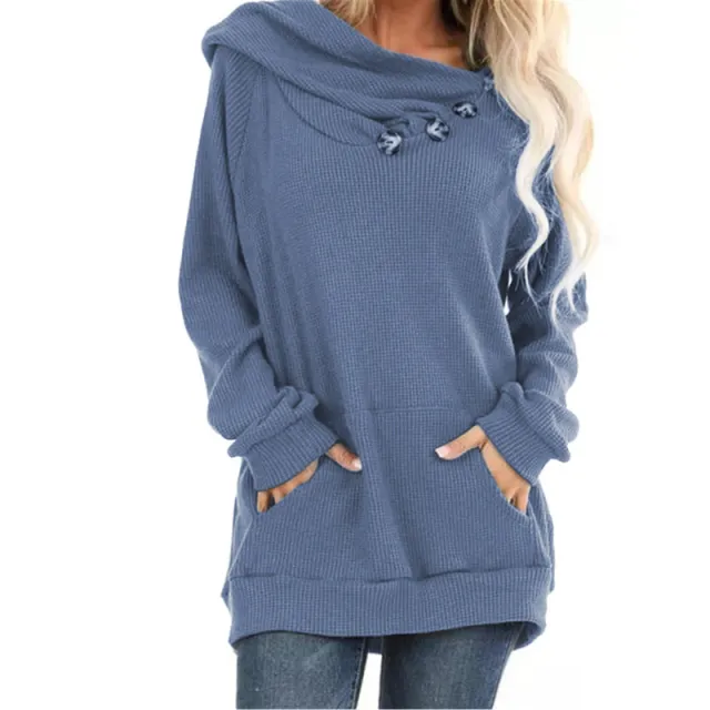 Large pocket button pleated waffle knit hood Blue - Shop at LoveMi
