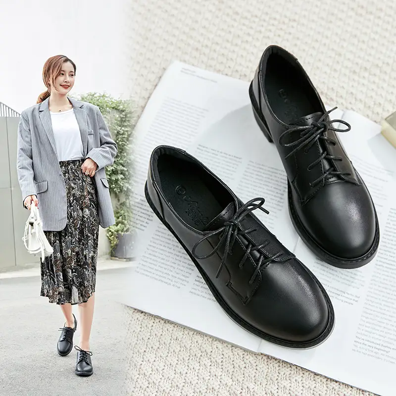 Thick heel mid-heel small leather shoes