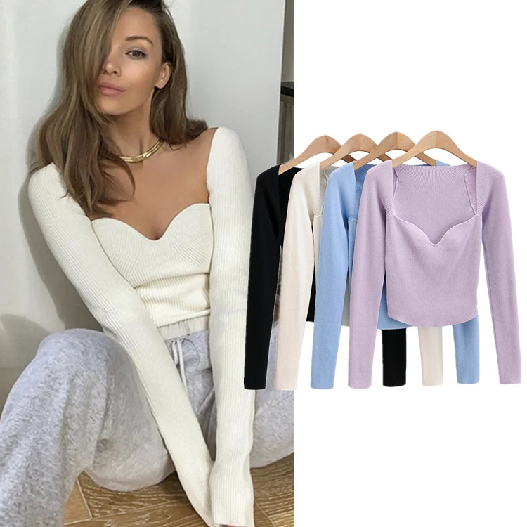 Sexy Square Neck Tube Top Knit Long Sleeve T-shirt Sweater