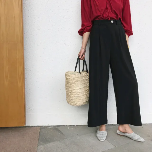 summer new women's slim legs long chiffon wide leg pants Korean black wild suit trousers women Black - Shop at LoveMi