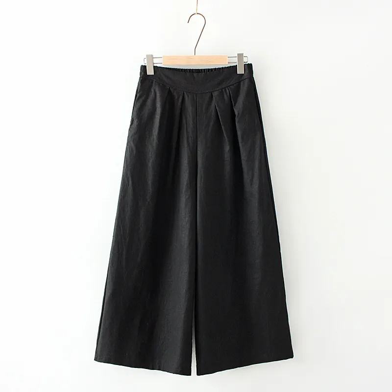 Cotton and linen wide-leg cropped trousers - Black