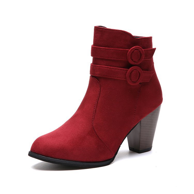 Pointed Thick Heel Suede Short Side Zipper Women's Boots Wine - Shop at LoveMi