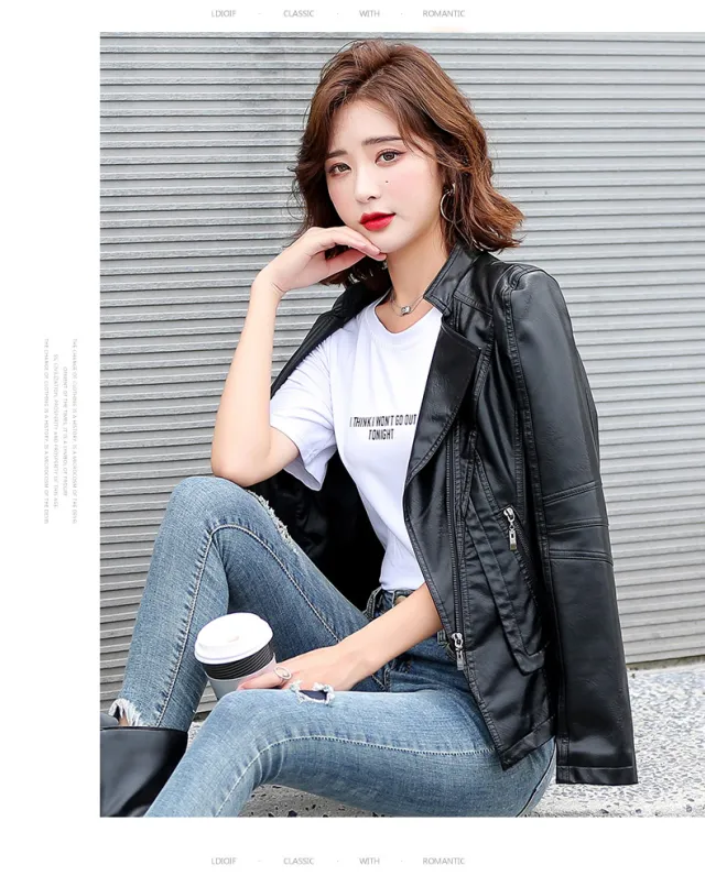 Suit collar fashion biker leather jacket leather woman Black - Shop at LoveMi