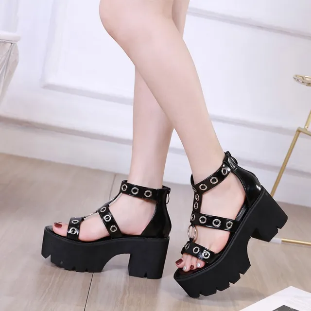 Metal Ring Hollow High heel Chunky Sandals Black - Shop at LoveMi