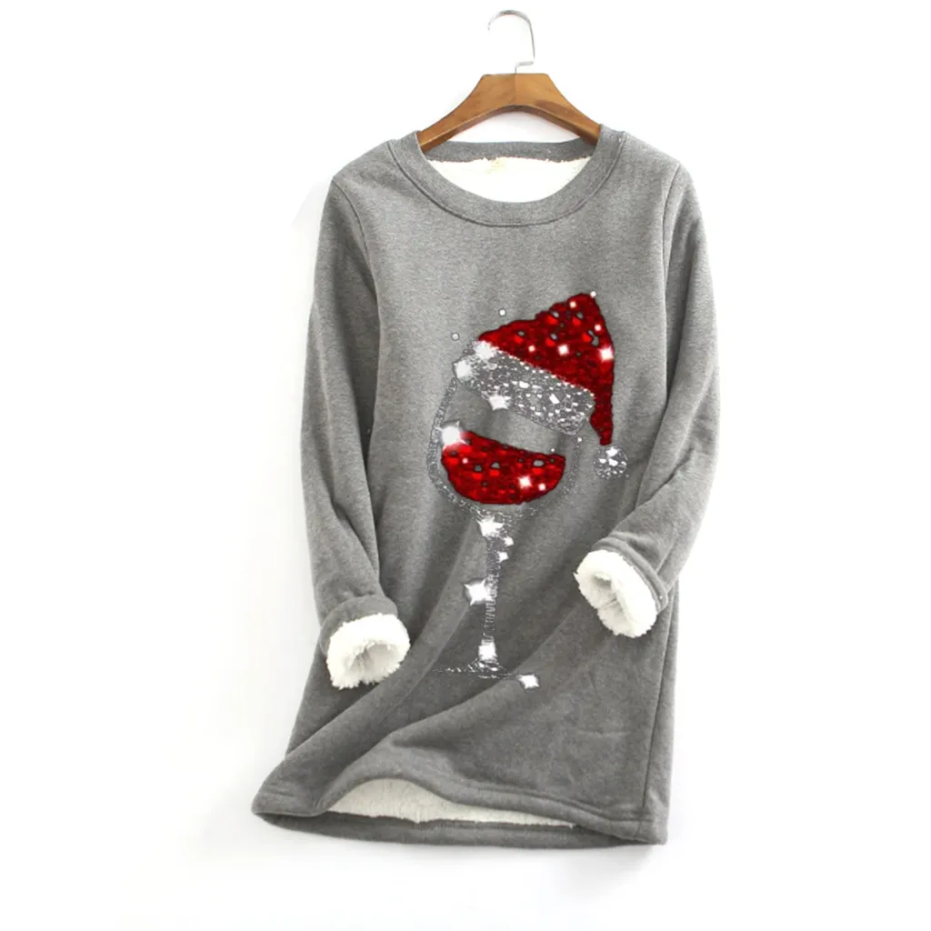 Christmas red wine glass print plus velvet bottoming shirt - Grey