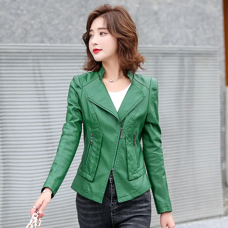 Suit Collar Fashion Biker Leather Jacket Woman
