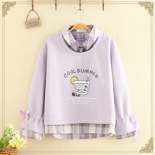 Two pieces of printed wild stitching plaid fake Purple - Shop at LoveMi