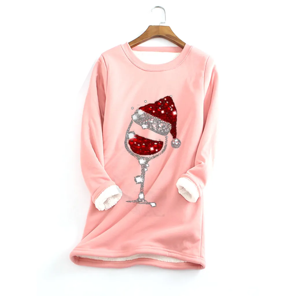 Christmas red wine glass print plus velvet bottoming shirt - Pink
