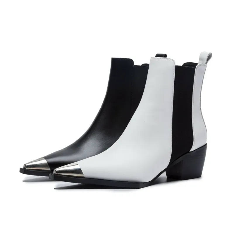 Metallic pointed toe thick mid-heel short boots - White