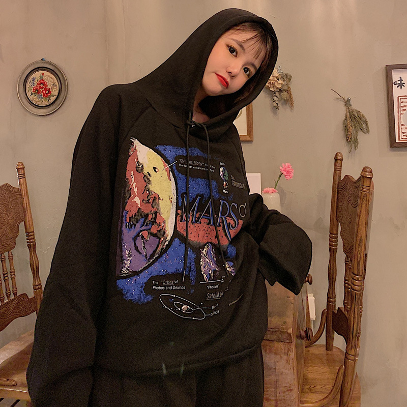Harajuku Style Loose Print Hooded Thick Coat