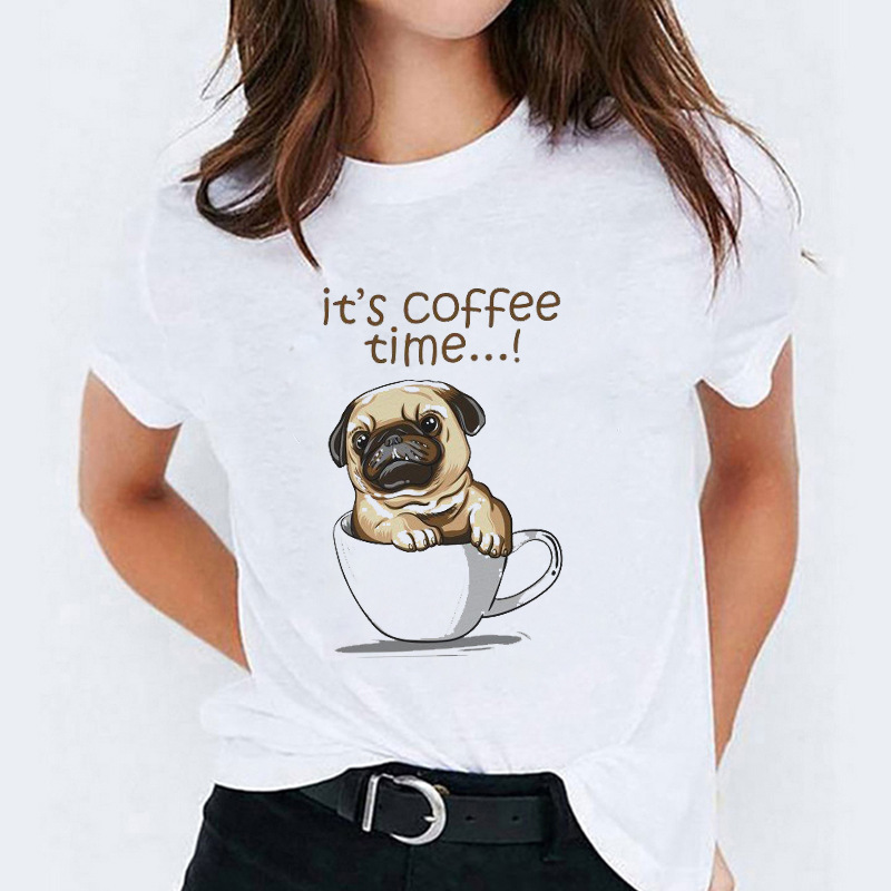 Coffee cup cartoon casual print ladies T-shirt