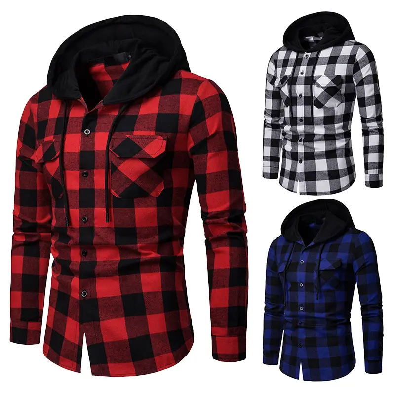 Spring and Autumn Plaid Casual Hooded Long
