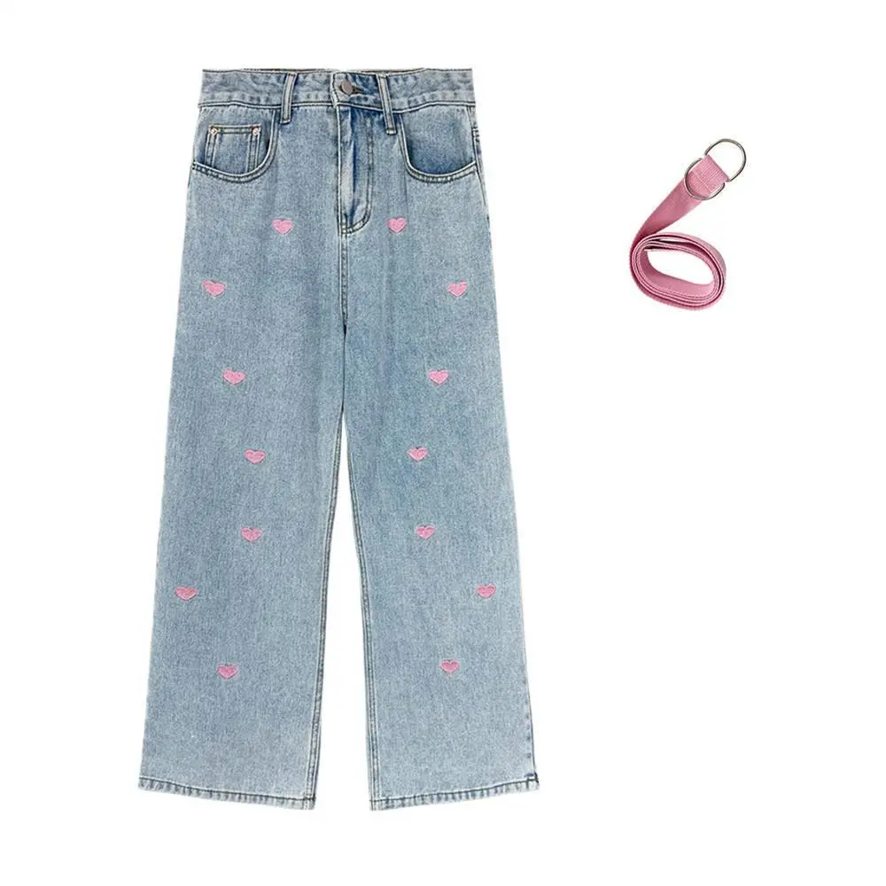 Heart Jeans Straight Leg Wide Pants Loose High Waist Slimming - Light Blue