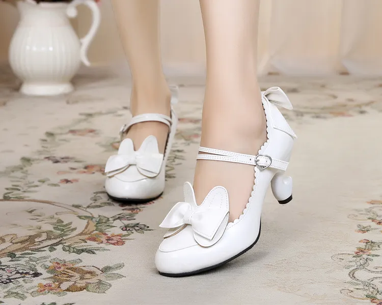 Lolita with sweet bunny bows table toe student heels - White
