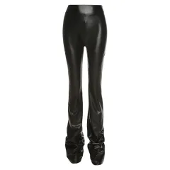 High-waisted leather casual stacked pants - Black - View 1