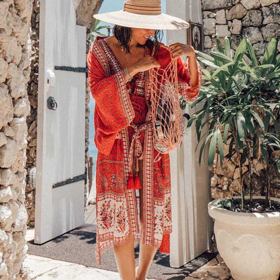 Cashew rayon positioning printing kimono