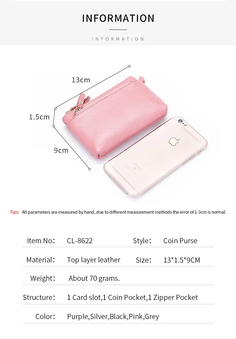 Mini real leather wallet with lady zipper