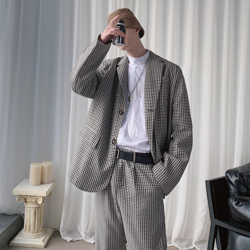 Male Houndstooth Black and White Plaid Loose Suit
