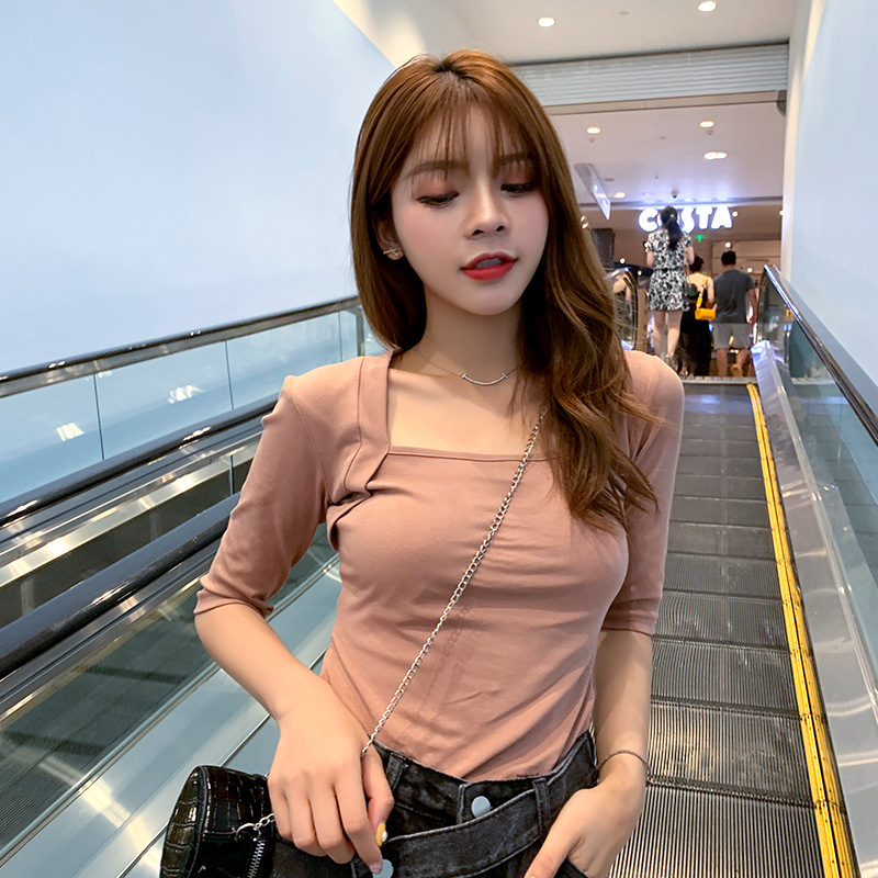 Brick red square neck bottoming shirt