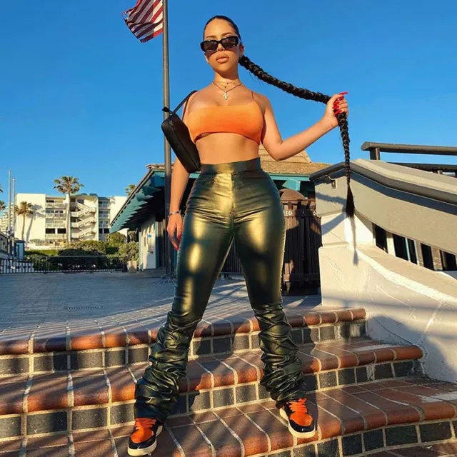 High waisted leather casual stacked pants Green - Shop at LoveMi
