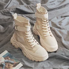 Platform boots round toe lace short Martin boots - White - View 1