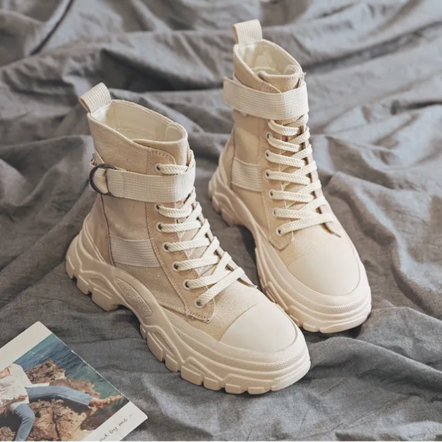 Platform boots round toe lace short Martin boots White - Shop at LoveMi