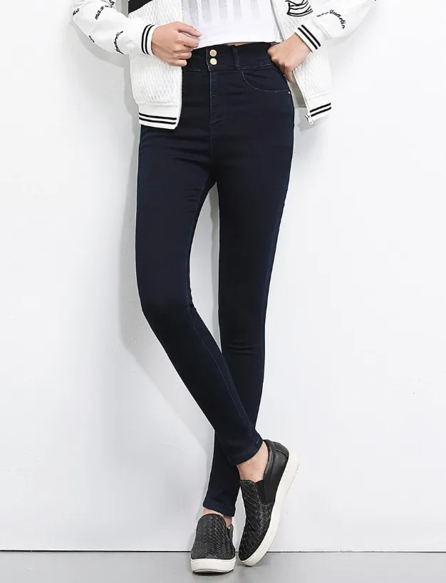 Spring and autumn large size high waist skinny jeans female elastic elastic waist Slim thin feet pencil trousers Black - Shop at LoveMi