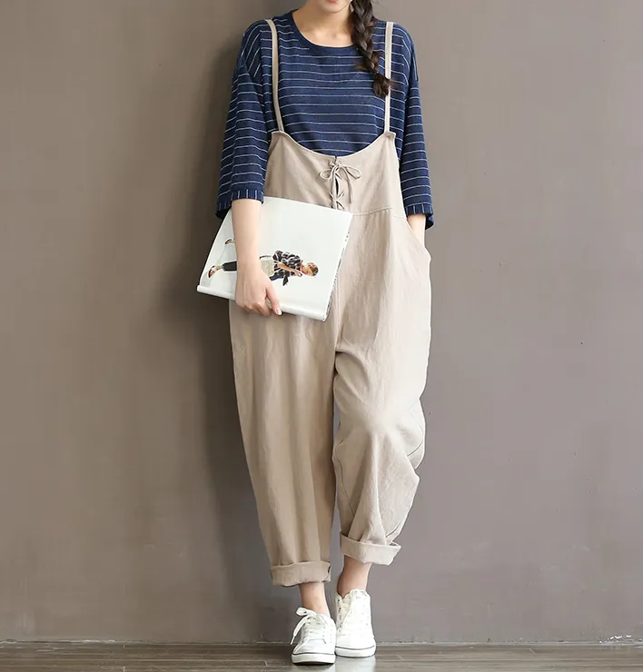 Loose literary vintage cotton bib pants trousers straps high waist pants - Khaki