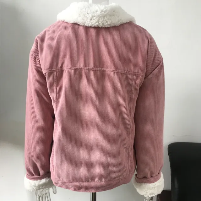 Corduroy lambskin padded jacket long Dark Pink - Shop at LoveMi