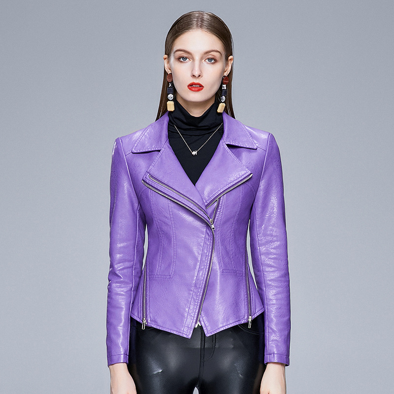 Slim fit trendy PU ladies jacket leather jacket Purple - Shop at LoveMi