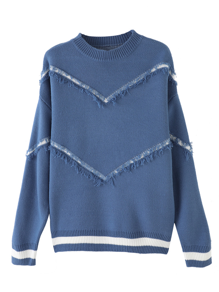 Fringed stitching sweater women round neck pullover
