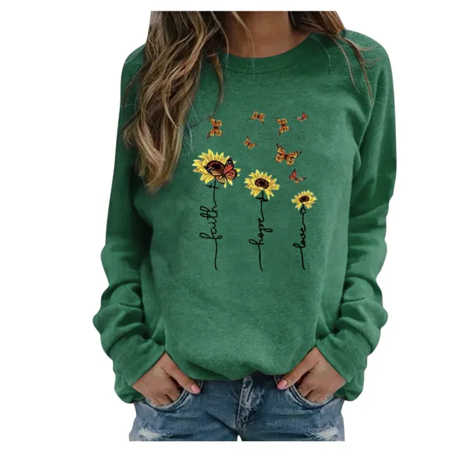 Women's long sleeve printed round neck sweater Green - Shop at LoveMi