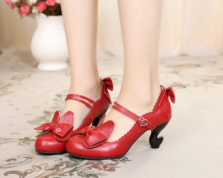 Lolita with sweet bunny bows table toe student heels - Red
