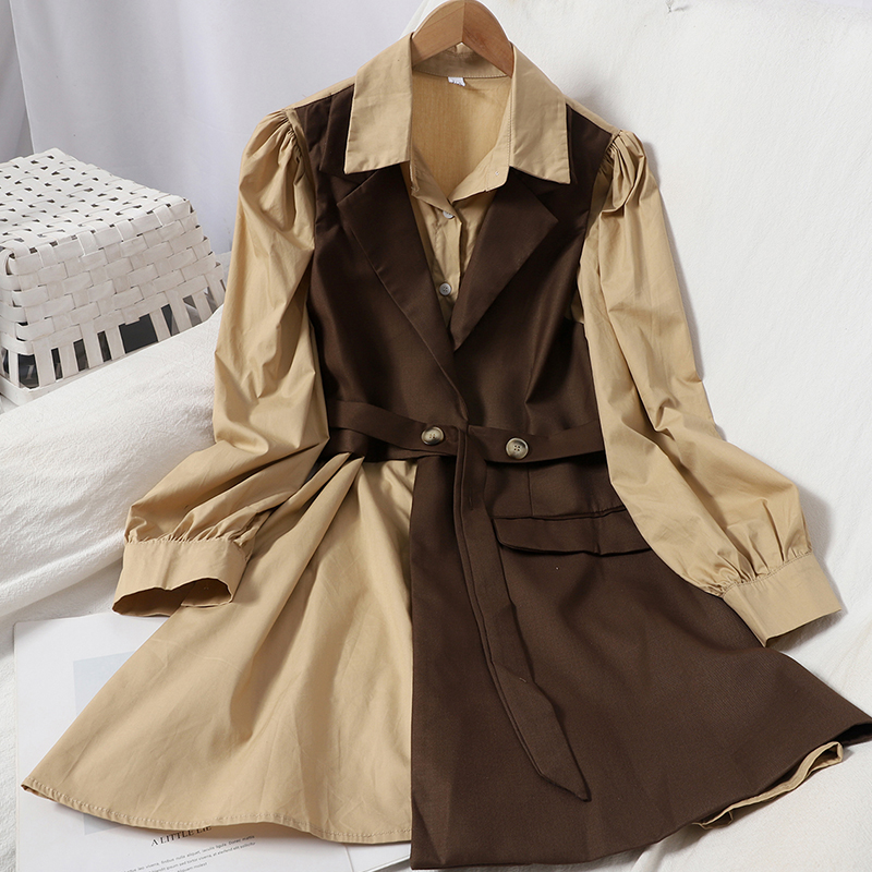 Autumn Stitching Contrast Color Bandage Waistcoat Temperament Fake Two-Piece Shirt Skirt Buttoned Lapel Thin Dress Female