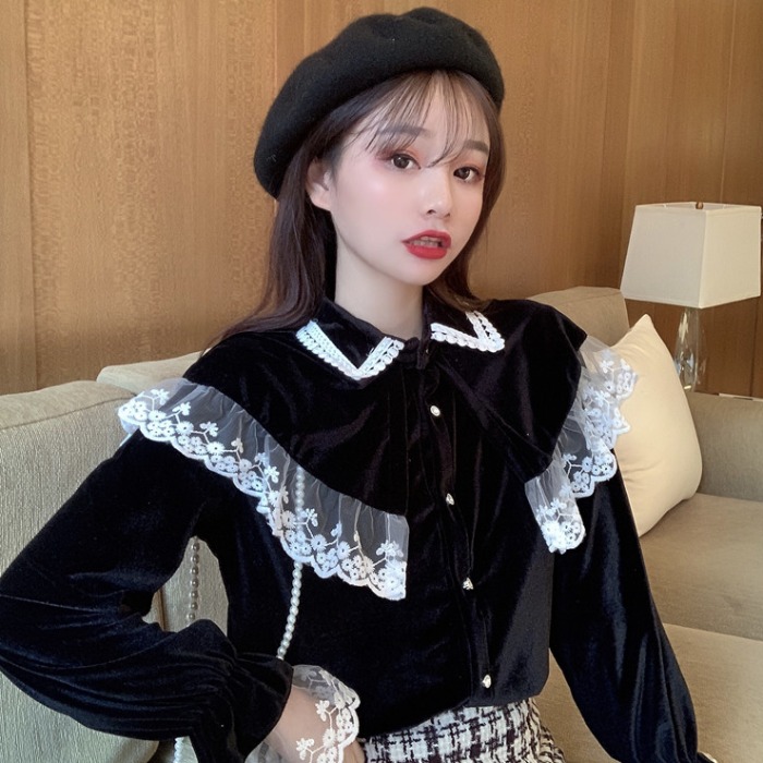 Lace velvet long-sleeved top