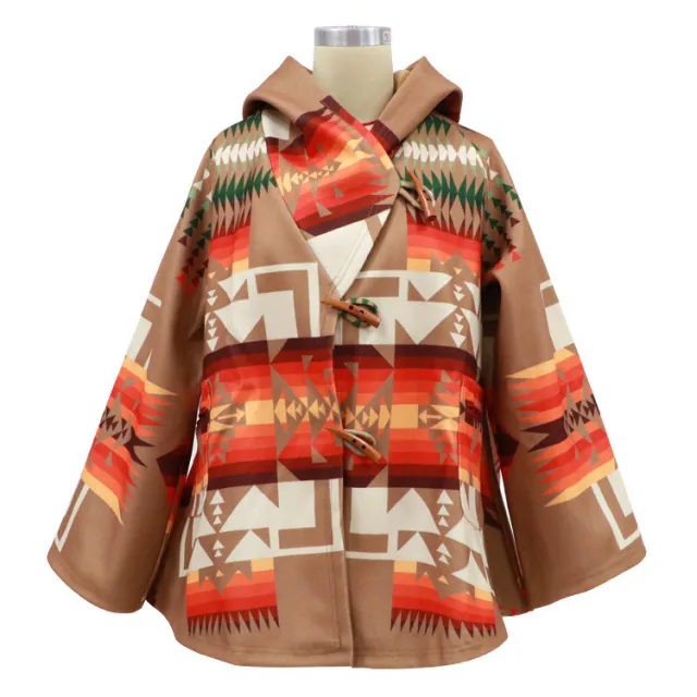 Long sleeve hooded printed woolen overcoat Khaki - Shop at LoveMi