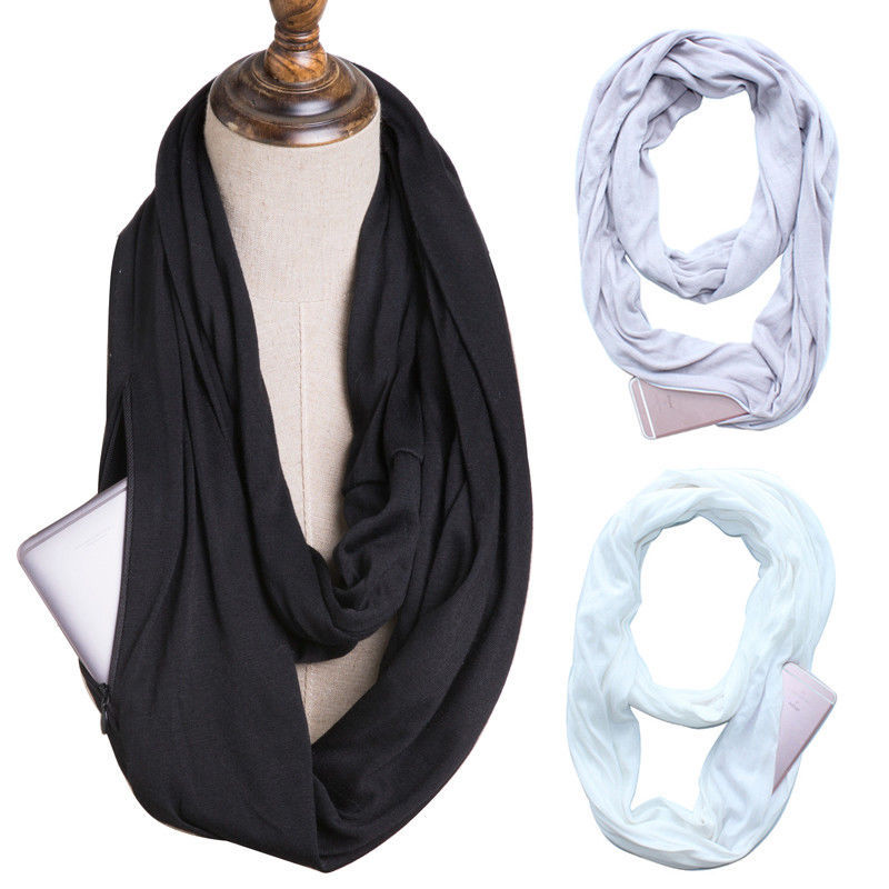 Pocket Scarf Solid Color Unlimited Bib Storage Zipper Pocket