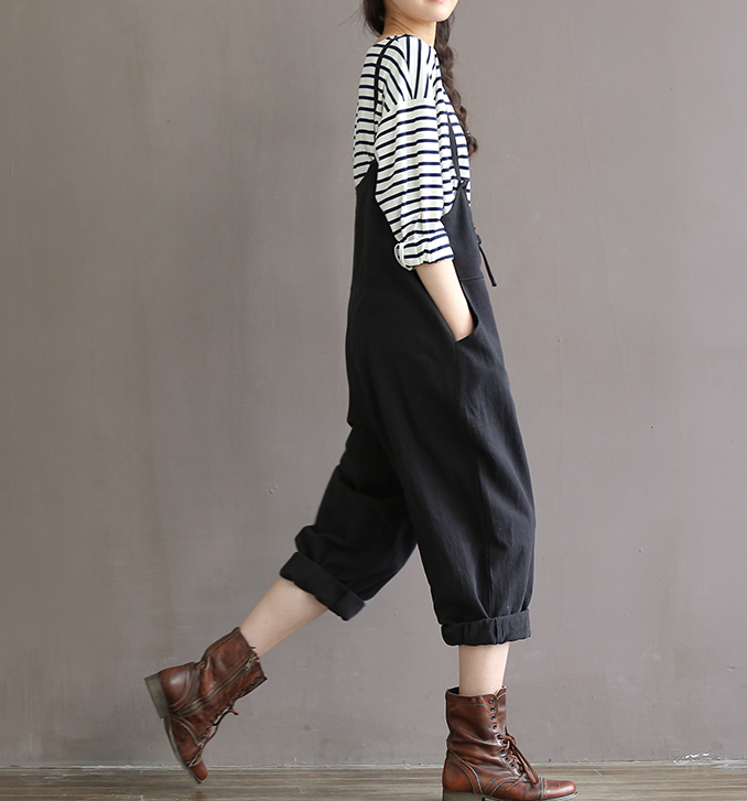 Loose literary vintage cotton bib pants trousers straps high waist pants