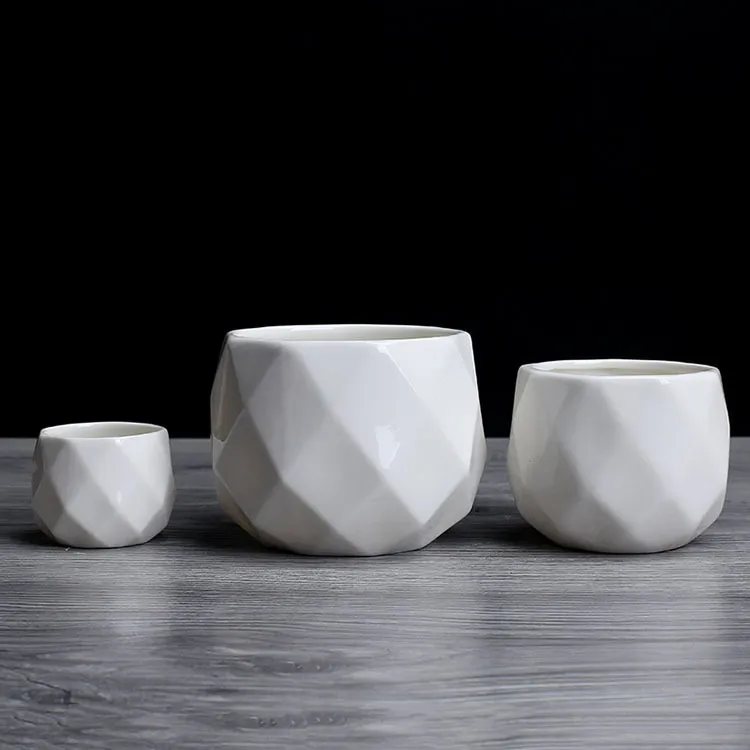 Flower Garden Polyhedron White Ceramic Flower Pot - White