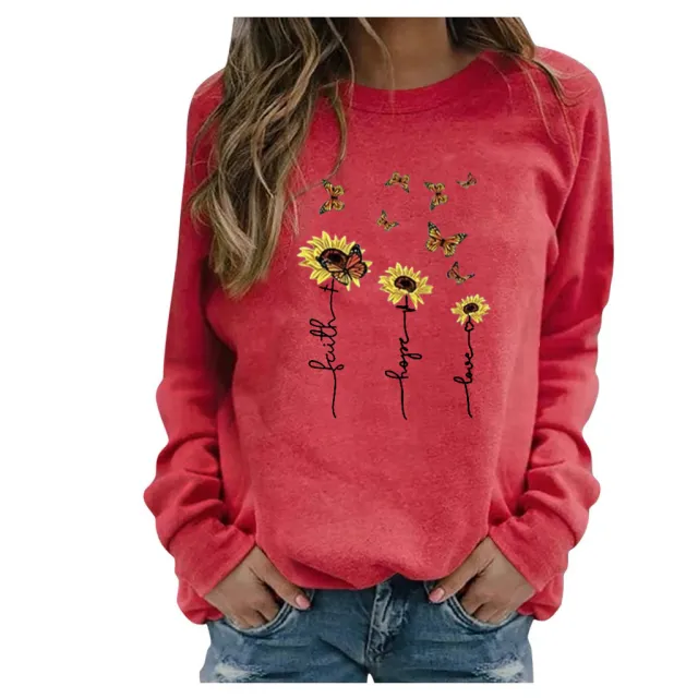 Women's long sleeve printed round neck sweater Red - Shop at LoveMi