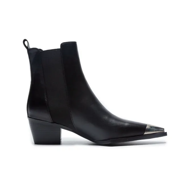 Metallic pointed toe thick mid heel short boots Black - Shop at LoveMi
